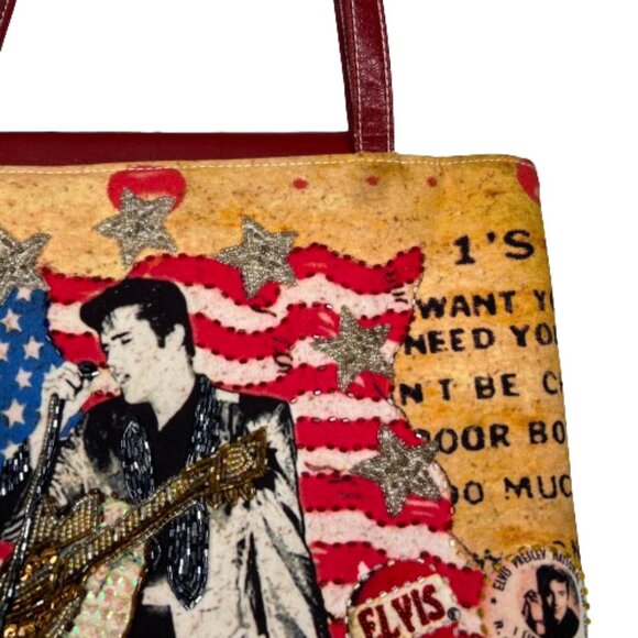 Ashley‎ M Women Embellished Patriotic Elvis Print Handbag Multicolor Beaded Flag - Picture 5 of 16